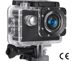 actiecamera met 1080p, 12 MP en groothoeklens, geschikt voor gebruik tot 30 meter onder water, inclusief 2 x 900mAh accu's met grote capaciteit en bevestigingsaccessoires voor helm, fiets, etc.