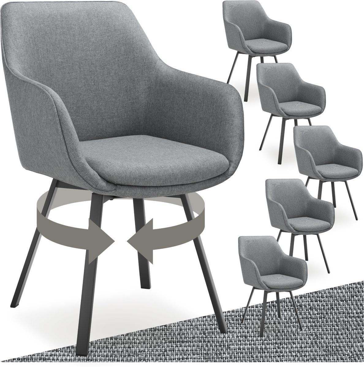tectake® Draaibare eetkamerstoel Alicon - Gestoffeerd - Stijl en comfort in één - Eetkamerstoel - Bureaustoel - Woonkamerstoel - Fauteuil - Set van 6 - Antraciet
