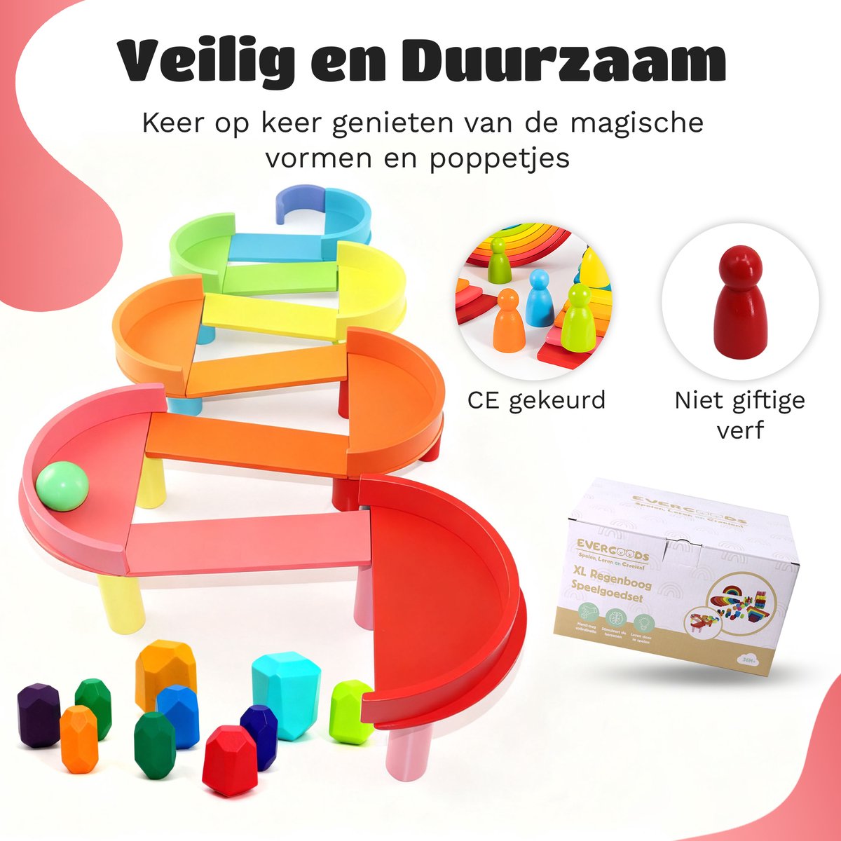 EverGoods XL Regenboog Speelgoed - Montessori Speelgoed- Educatief Speelgoed - Sensorisch Speelgoed - Houten Blokken - Stapelstenen - Incl. Opbergzakje — afbeelding 9