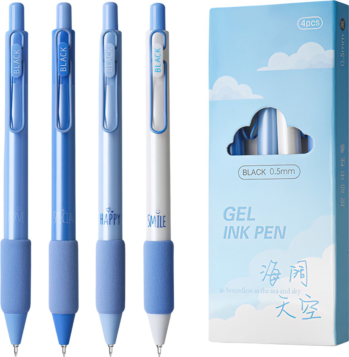 Ainy Hemel Balpennen - set van 4 stuks zwarte pennen met zachte kussengrip voor kinderen en volwassenen - kawaii middelbare schoolspullen