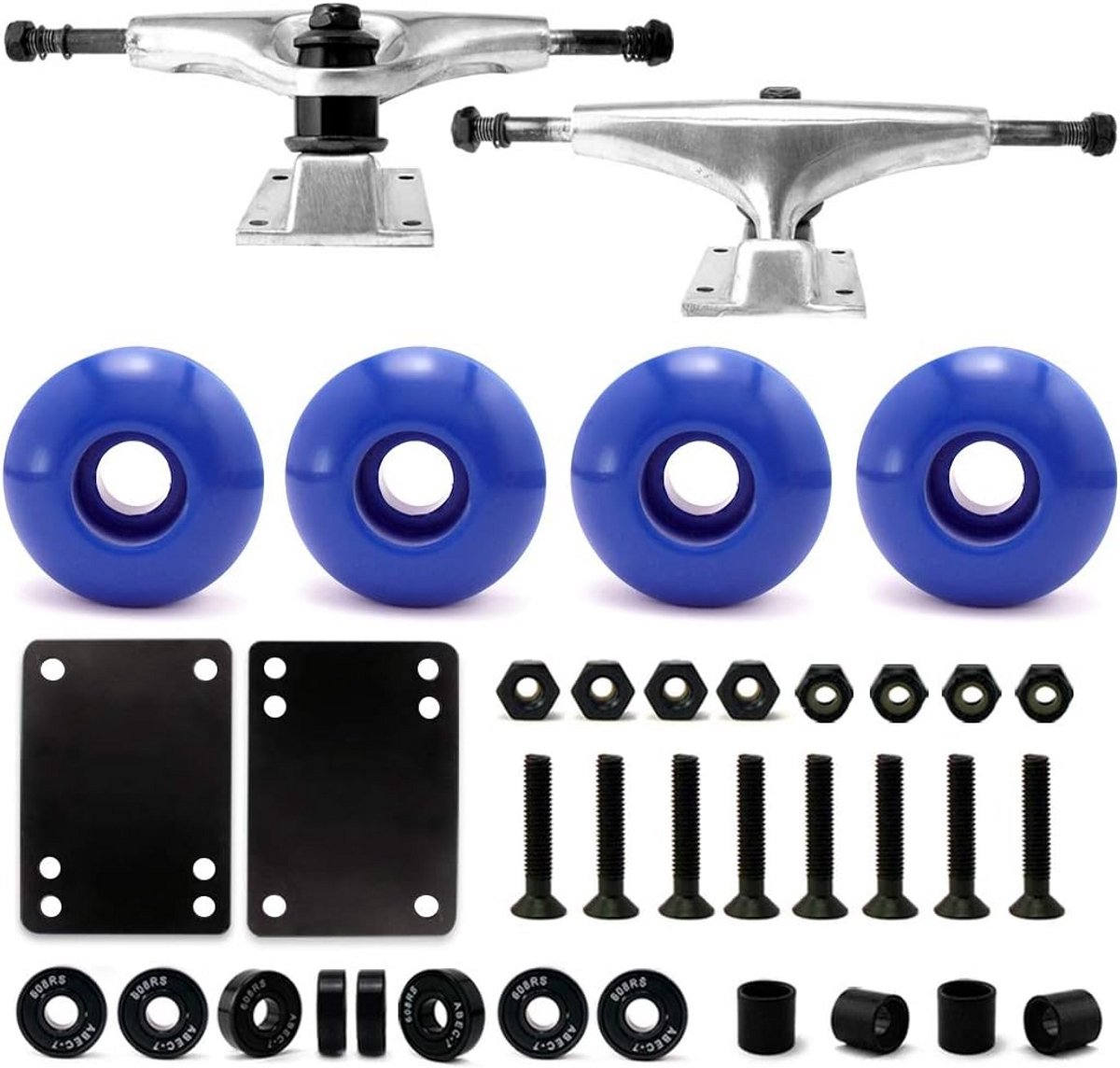 Complete Set Skateboard Onderdelen: Wielen Kogellagers Risers en Schroeven Set Blauw