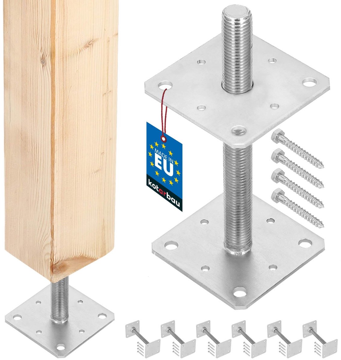 KOTARBAU® 6 stuks Paalhouder, Paalvoet, Verzinkt Staal, 110 x 110 x 250 mm, M24, Zilver, Paalsteun, Regelbare Paalhouder, voor Beton, Verstelbare Paalvoet, Gegalvaniseerde Paaldrager