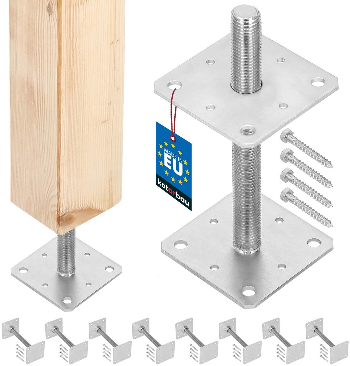 KOTARBAU® 8 stuks Paalhouder, Paalvoet, Verzinkt Staal, 110 x 110 x 250 mm, M24, Zilver, Paalsteun, Regelbare Paalhouder, voor Beton, Verstelbare Paalvoet, Gegalvaniseerde Paaldrager