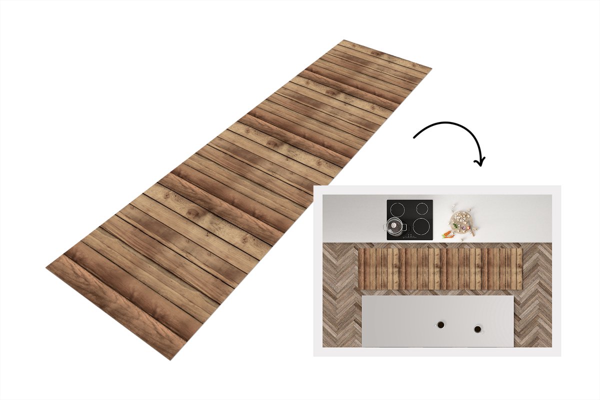 KitchenYeah Keukenloper 240x60 cm - Keukenmat vinyl Hout - Brocante - Patronen - Keukenmatten loper - Keuken vloerkleed tapijt