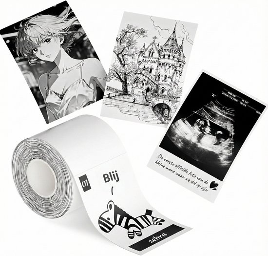Rol met zwart-witte babykaarten met afbeeldingen van een zebra, een kasteel, een echo en anime-personage.