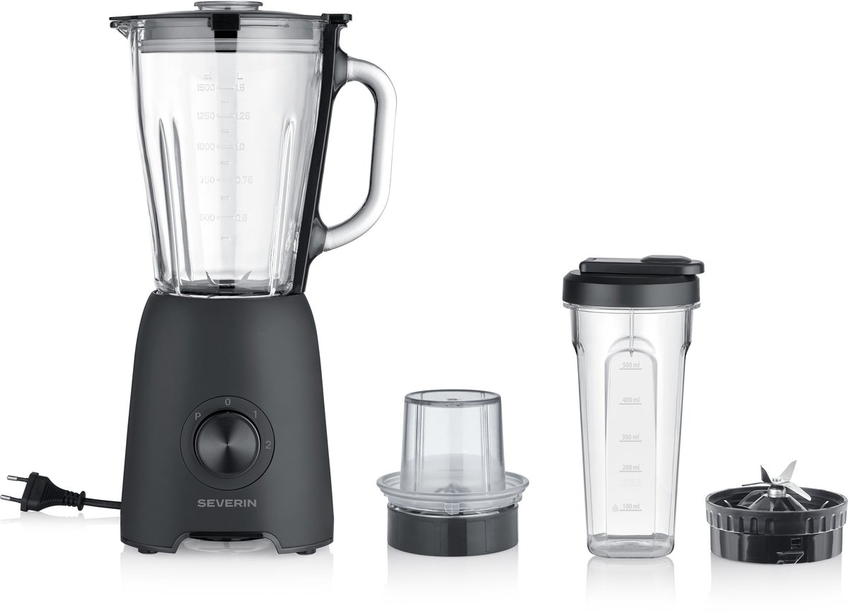 Severin SM 3724 Blender 600W – Glazen Kan 1,5L – Smoothie To Go & Hakmolen – 2 Snelheden + Pulse