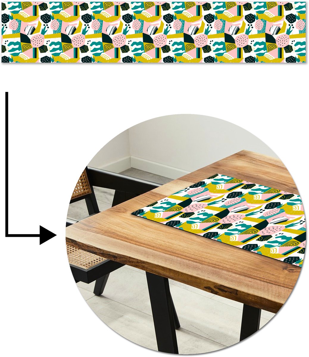 Tafelloper 200x40 cm - Tafelmat vinyl Tropisch - Abstract - Ananas - Geel - Groen - Roze - Tafeldecoratie - Tafelversiering - Keuken decoratie - Tafel versiering