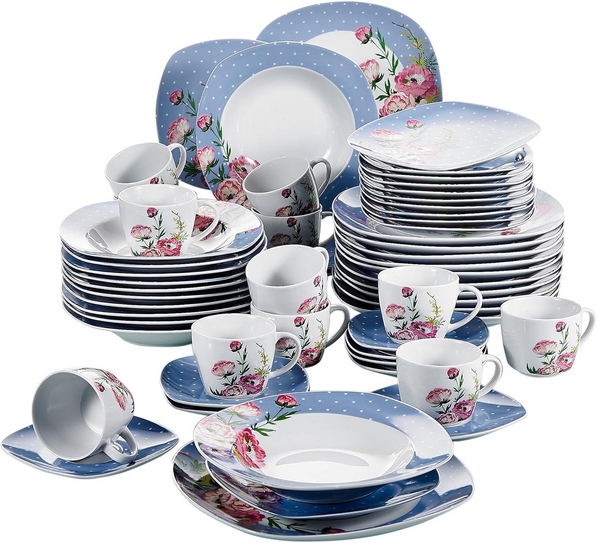 60-delige Porseleinen Servies Set voor 12 Personen met Roze Bloemenpatroon