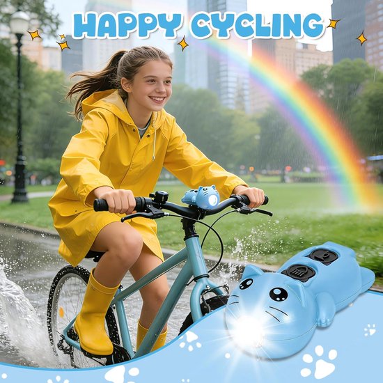 Kinderfiets Verlichting & Fietsbel (2-in-1) - USB-C Oplaadbare Fietslamp Kat - 200 Lumen - Elektrische Toeter - Accessoires Step, Loopfiets, MTB & Kinderwagen - 5 Geluiden - Veilig & Robuust - Cadeau Jongen - Blauw — afbeelding 5