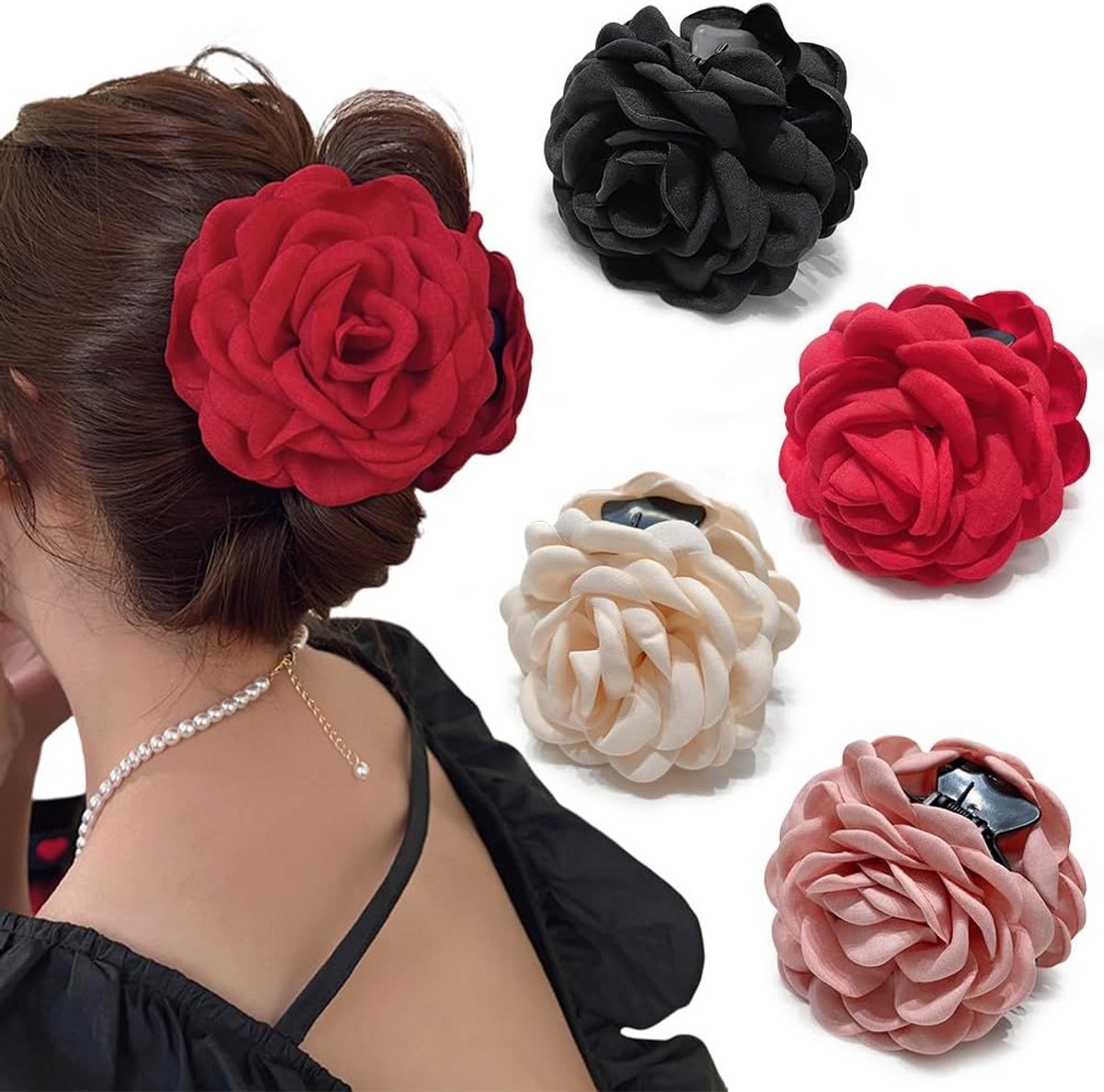 Set van 4 Grote Haarspeldjes met Stoffen Roos - Elegante Bloem Haarclips voor Dames