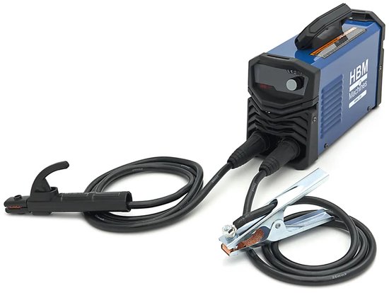 Blauw MMA 220 lasapparaat met lastoorts en aardeklem.