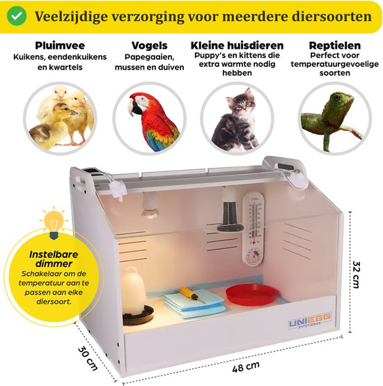 UniEgg Compleet Couveuse (S) voor Kuikens / Reptielen - Small 48cm x 30cm x 32cm (LxBxH) - Opfokkooi - Brooder - inclusief accessoires warmtelampen, dimmer, drinkbak, voerschaal, thermometer, makkelijk en snel bouwpakket - kuikenkooi - kuikenhok