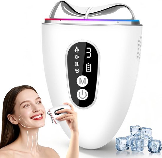EMS Gua Sha Gezichtsmassageapparaat met Warmte & Koude Stand – 4 Modi, 3 LED-Kleuren voor Gezicht en Hals