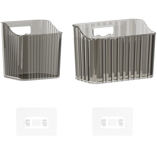 Twee transparant grijze opbergbakken met handvatten en zelfklevende haken.