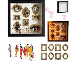 DIY Shadow Box - Valentijn Cadeau - Mini Fotolijst Met LED - DIY Mini Museum Silhouette Box - Met 8 Mini Gouden Lijstjes en 8 Beeldjes - Shadow Box Frame Display Case - Fotolijsten - Voor Valentijn, Jubileum, Bruiloft, Verjaardag en Woondecoratie