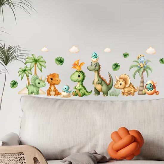 Muursticker 'Dino's met Eieren' - 67x32cm - Zelfklevend PVC - Babykamer - Kinderkamer - Dinosaurus - Muur Decoratie Jongen