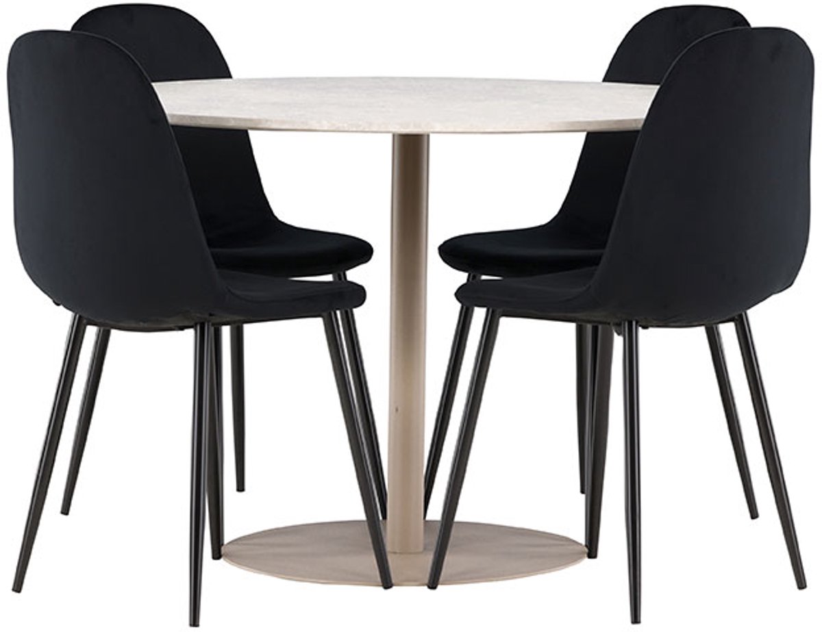 Lycke eethoek tafel Ø110cm en 4 velours stoelen beige.