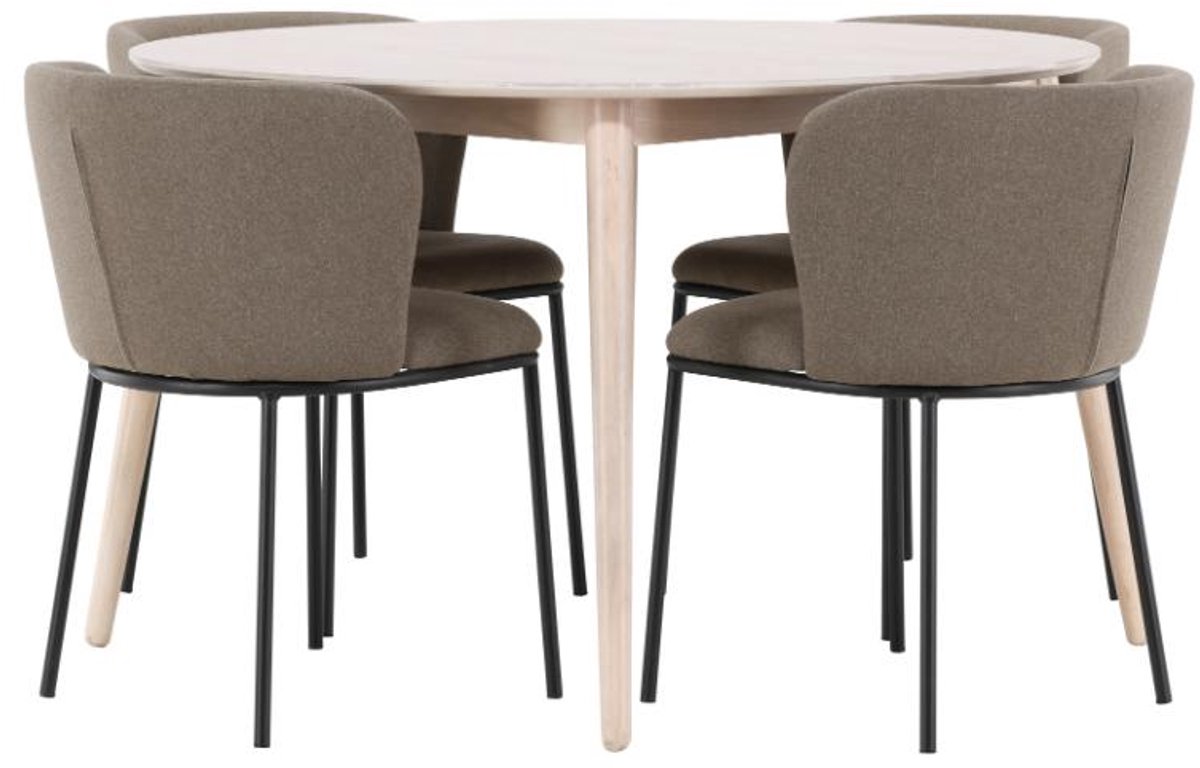 Flora eethoek tafel Ø120cm en 4 stoelen whitewash, bruin.