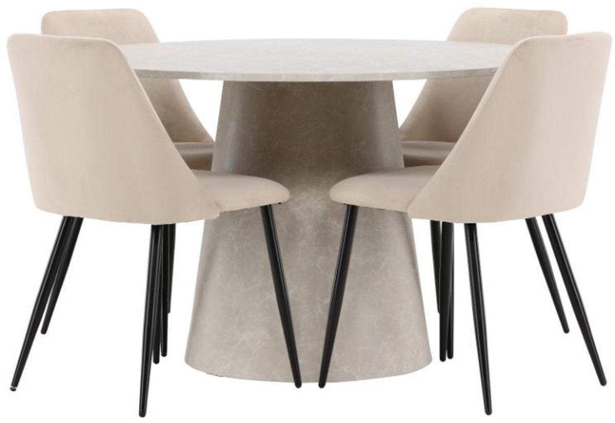 Lanzo eethoek tafel Ø120cm en 4 stoelen beige.