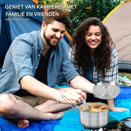 GELLDG Camping kookgerei set - 1,5 liter roestvrijstalen camping kookgerei set - Outdoor kookpannen set - Geschikt voor kamperen, wandelen en picknicken - Roestvrij staal - Zilver — afbeelding 4