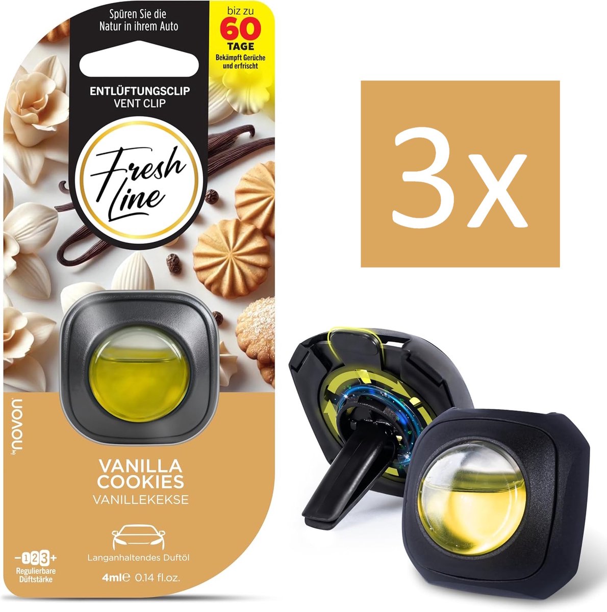 Fresh Line® - Auto Luchtverfrisser Clip 3 stuks - Vanilla Cookies - 3 x 4ml - tot 60 dagen