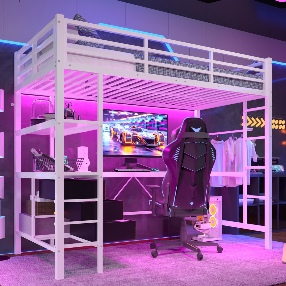 Zubaliya Hoogslaper, 90*200 cm, met Ledverlichting, Bureau, stopcontact + USB-poort, 3 lades, Planken, Reling, Trap, exclusief matras, Wit