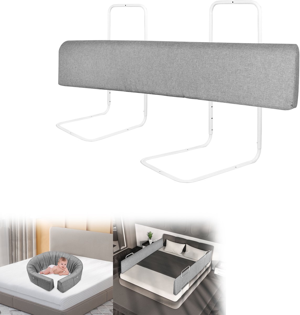 Froadp 100cm bedrail bedbeschermer valbescherming voor kinderen in hoogte verstelbaar doe-het-zelf vervormbare bedrandbescherming 5-gats bed kinderbedrail veiligheidsrail voor babylinnen grijs (2 stuks)
