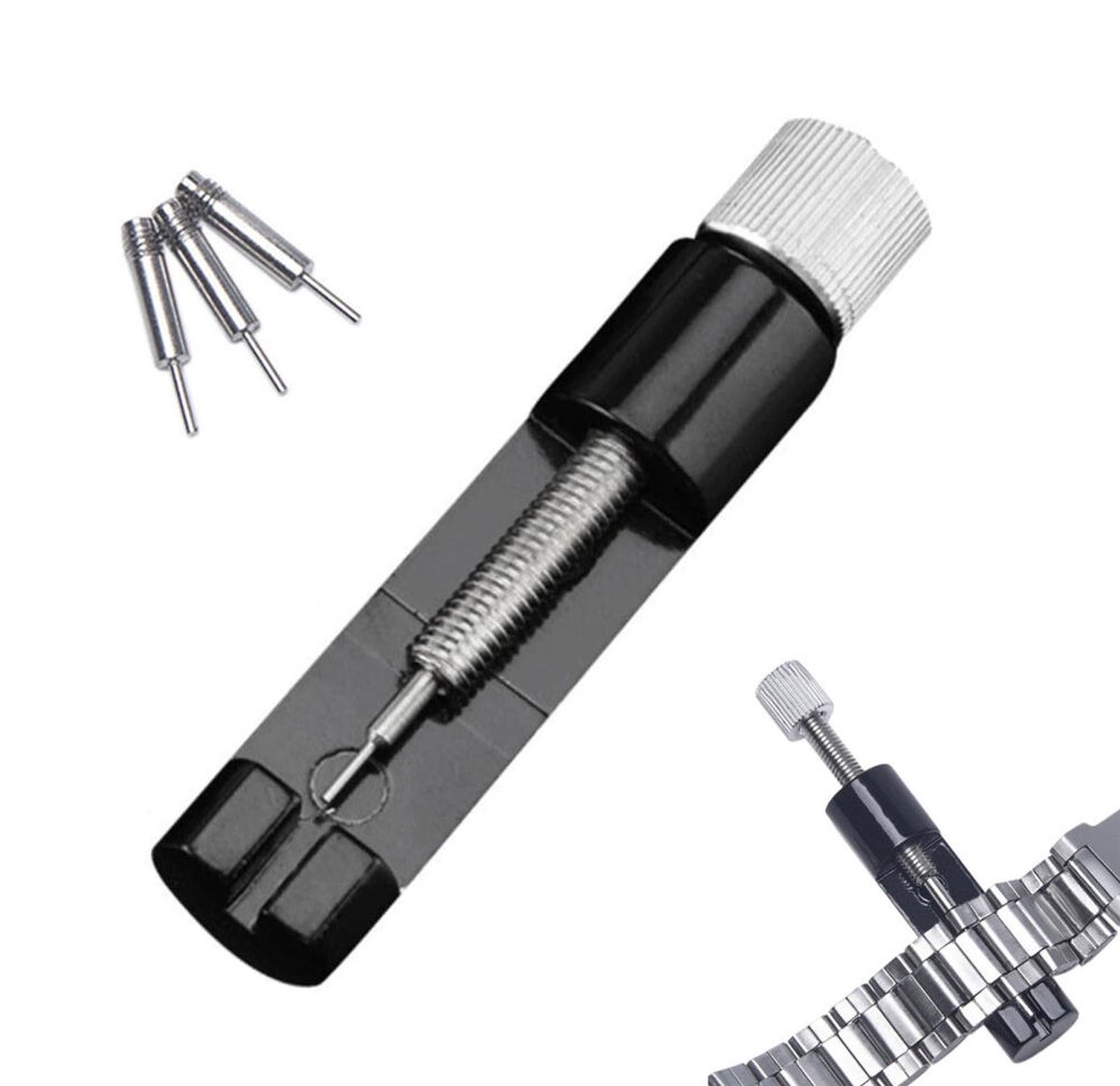 Horlogeband Inkorter - Schakel pin verwijderaar - Met 3 Extra Pinnen - Makkelijk Zelf te Verwisselen - Horlogebandje - Zelf Horlogeband Aanpassen - Horlogemakers gereedschap - Horloge Pin Verwijderaar - zwart