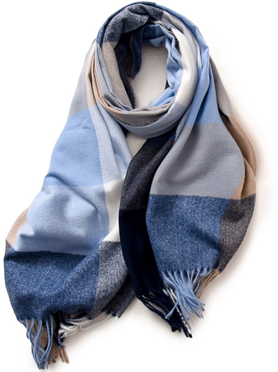 Dameswintersjaal, warme geruite deken, warme omkeerbare geruite sjaal met kwastjes (marineblauw)