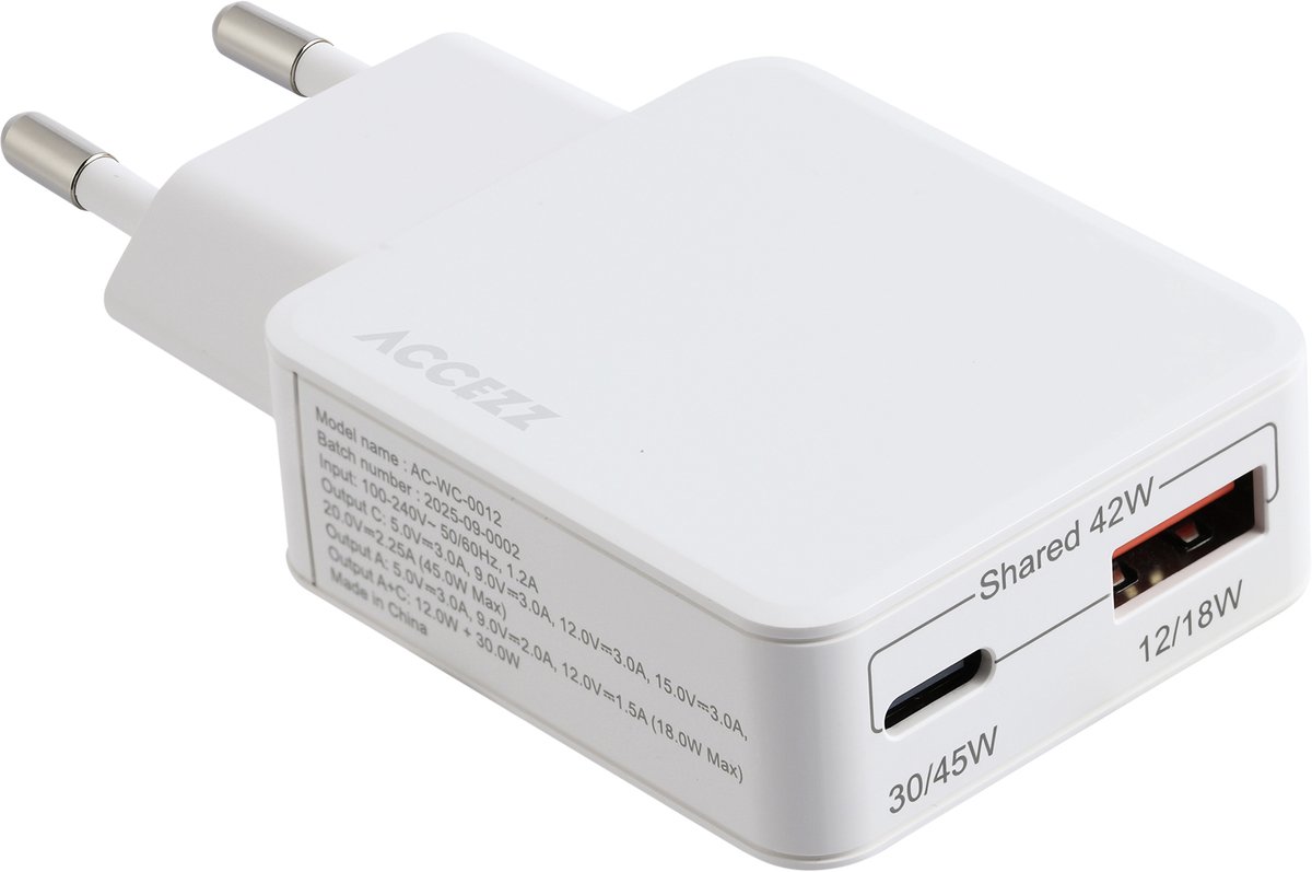 Accezz Ultra Slim GaN Oplader - USB-C + USB-A - 45W - Wit