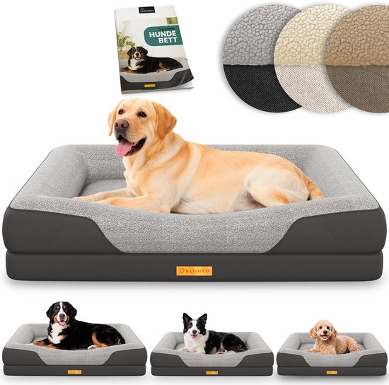 Labrador in een grijs hondenbed met een vacht van sherpa-vacht. Twee kleinere honden liggen in kleinere bedden.