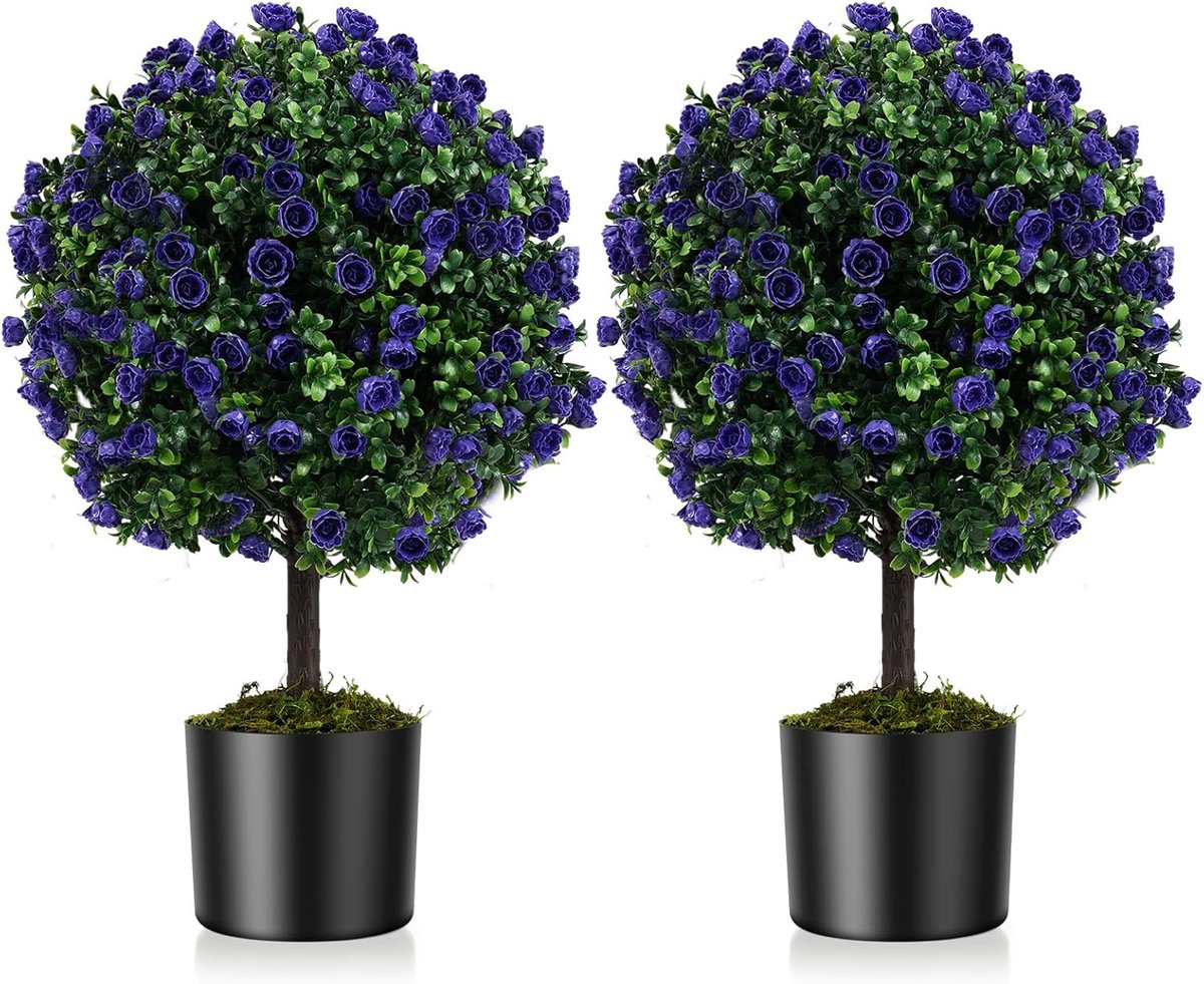 KOMFOTTEU 2 stuks kunstplanten, 55 cm kunstplant, kunstboom buxus met bladeren en rozen in paars, kunstmatige buxusbal in pot, vormsnijbal voor planten, decoratieve buxusbal