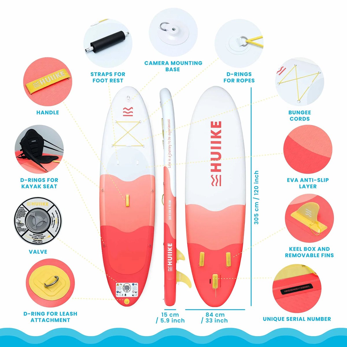 HUIIKE SUP Board - Opblaasbaar Paddle Board met Accessoires, Peddel, Vinnen, Pomp - Stand Up Paddle met Hoge Stabiliteit - 305 x 84 x 15 cm - Max. 130 kg – foto 2