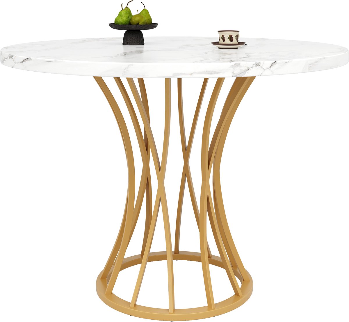 Merax Ronde Eettafel 80 X 80 X 76 Cm Met Marmerlook Tafelblad En Goudkleurige Metalen Poten Voor 4 Tot 6 Mensen
