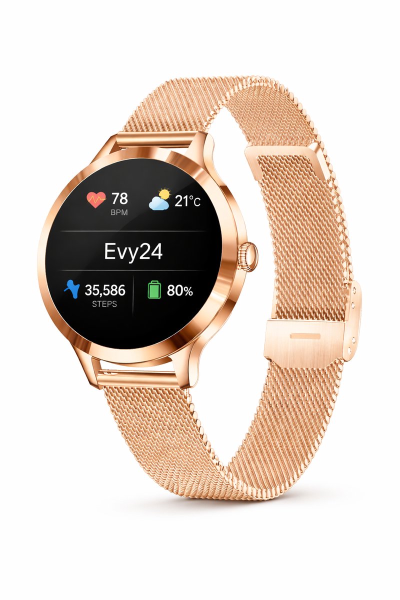 Evy24 Smartwatch Dames 35mm – AMOLED Smartwatch Horloge – Stappenteller, Slaapmonitor & Saturatiemeter – Bluetooth Bellen – Fitness Tracker voor Android & iOS – Rosé