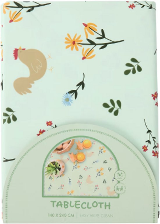 Lente Tafelkleed – 140x240 cm | Lichtgroen met Kippen en Bloemen | Afwasbaar Easy Wipe Tafelkleed – Pasen Tafeldecoratie – Waterafstotend