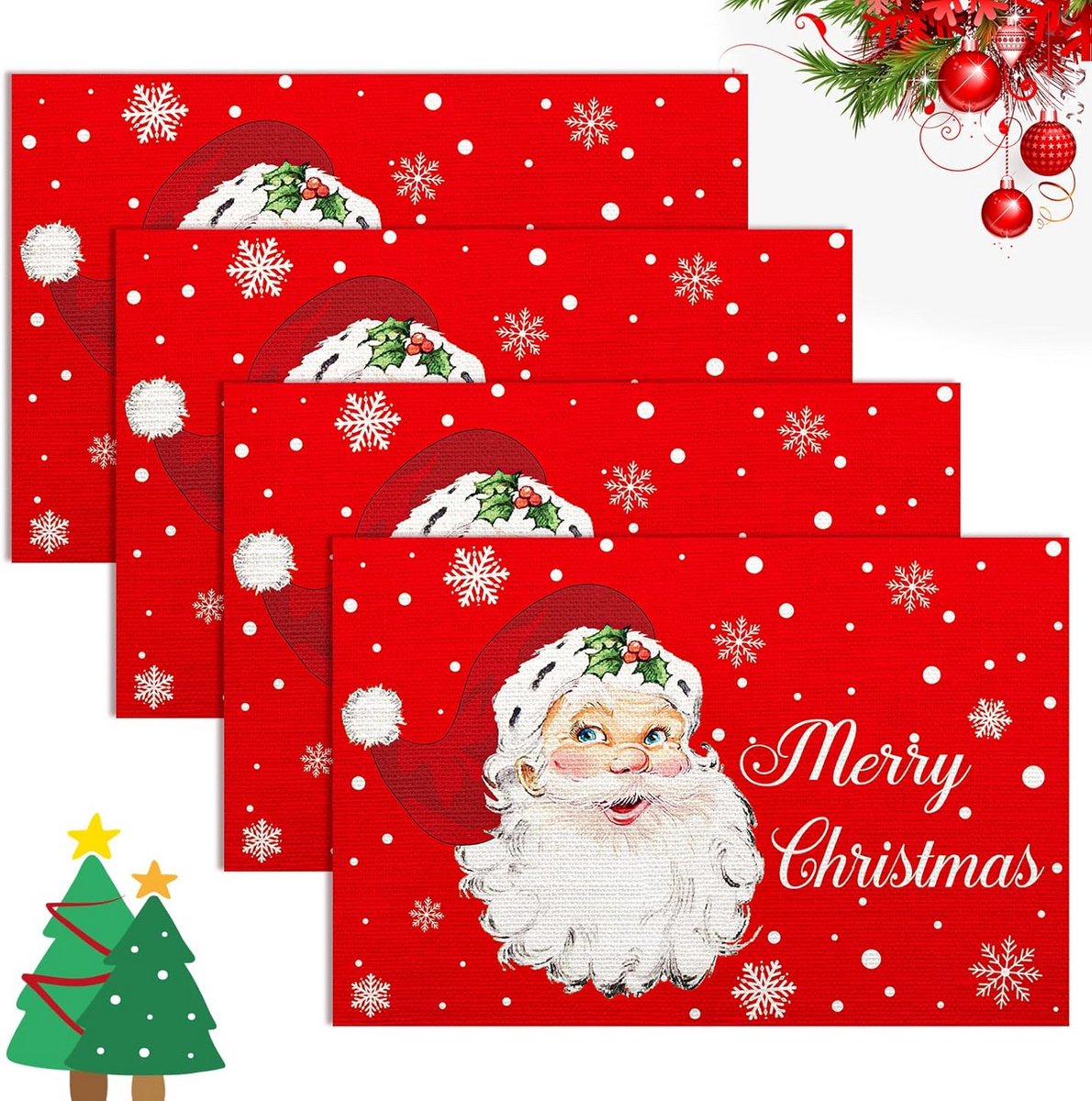 Set van 4 Kerst Placemats - Tafelmatten met Kerstman en Feestelijke Print
