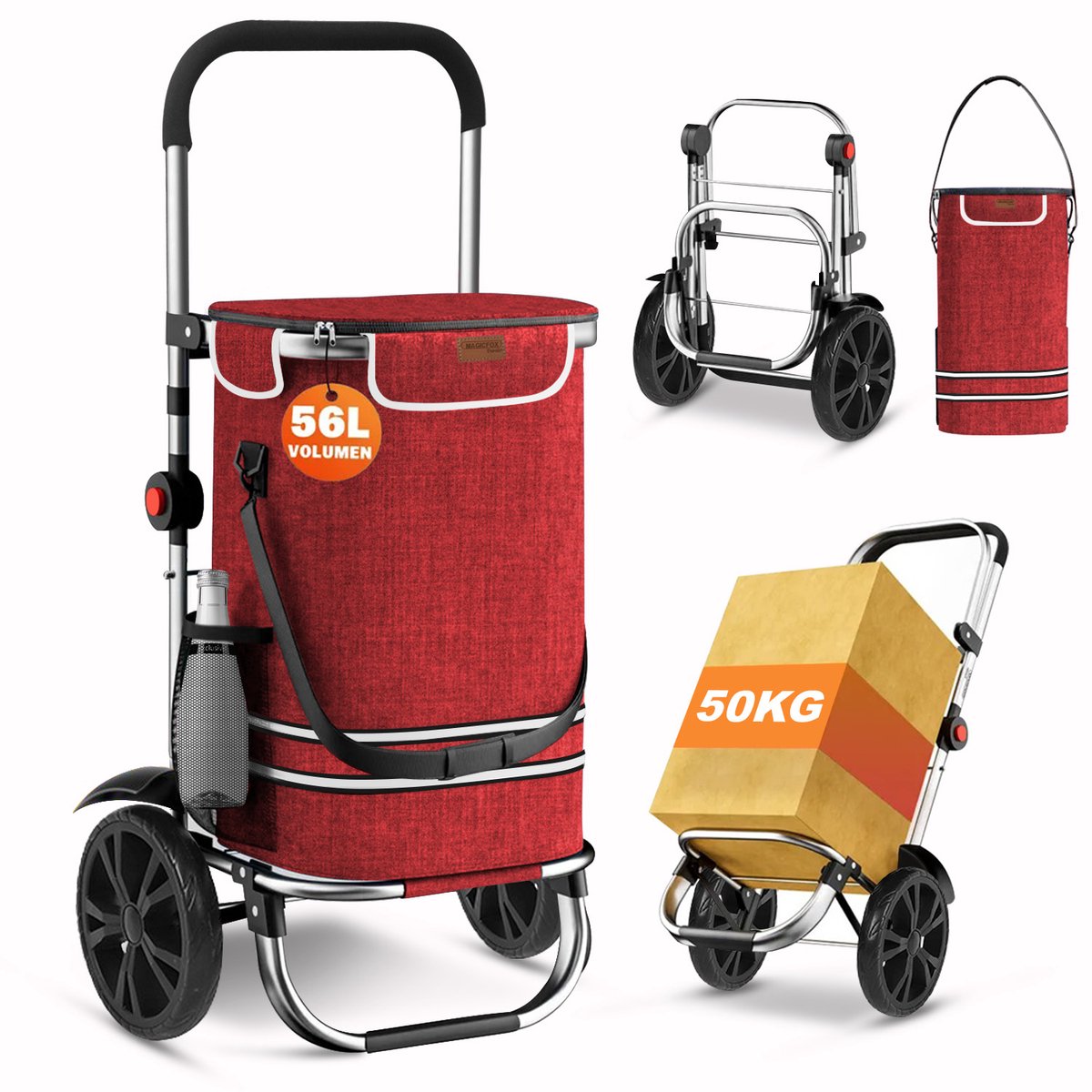MAGICFOX Boodschappentrolley op Wielen met Geïsoleerd vak en zij-Opbergtassen- Afneembare tas-56 L - Rood