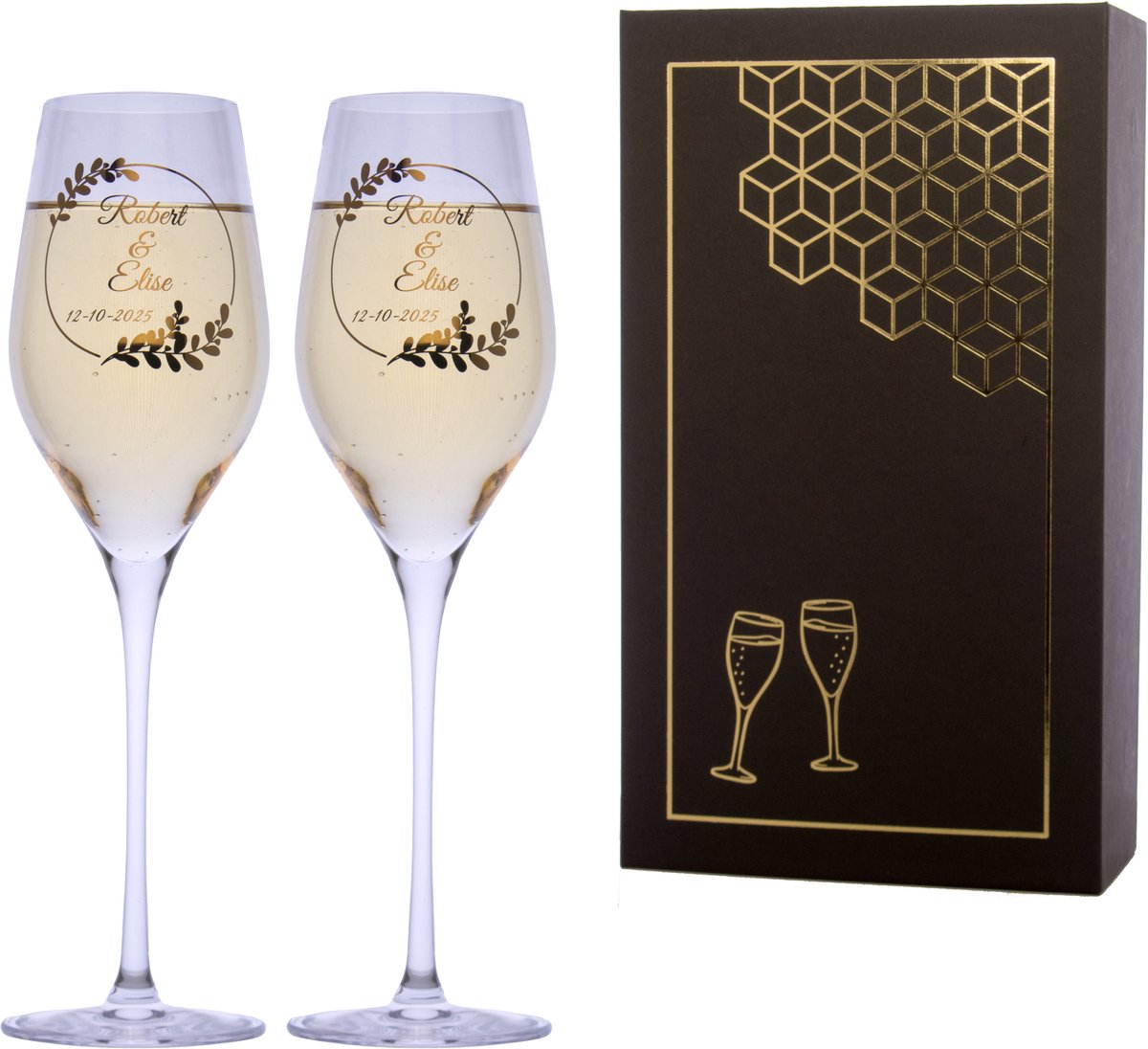 Set champagneglazen - Classic - gepersonaliseerde gouden opdruk - namen & datum - kristal - huwelijk - bruiloft - bruidspaar - feest - cadeau - champagneglas - origineel - verloving - jubileum