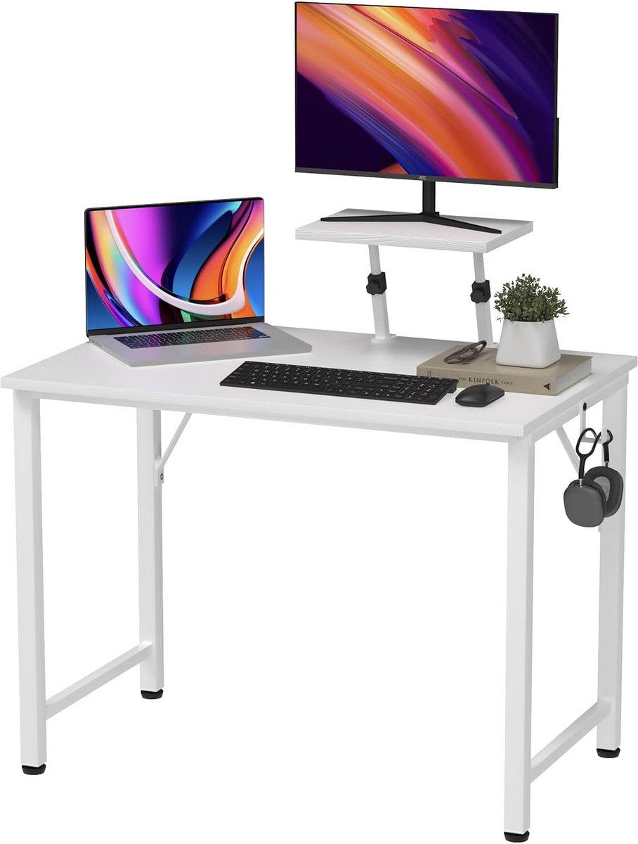 Compact Houten Bureau met Verhoogde Standaard voor Thuiswerk