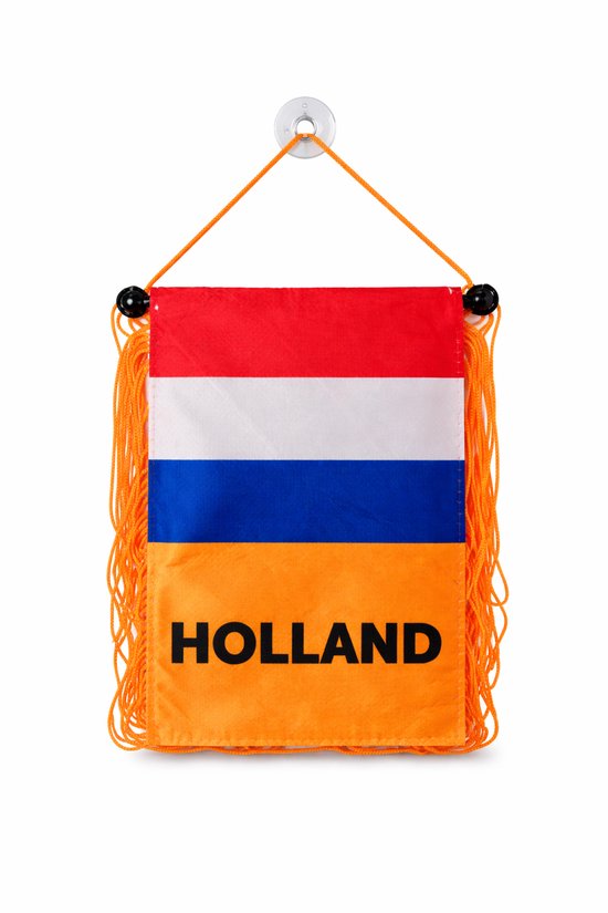 Nederlandse vlag met oranje franjes en 'HOLLAND' tekst, hangend aan koord.