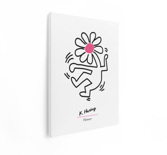 Artaza Canvas Schilderij Keith Harings Iconische Dansende Figuur met een Roze-Witte Bloem - 90x120 cm - Groot - Wanddecoratie Woonkamer - Schilderijen - Muurdecoratie