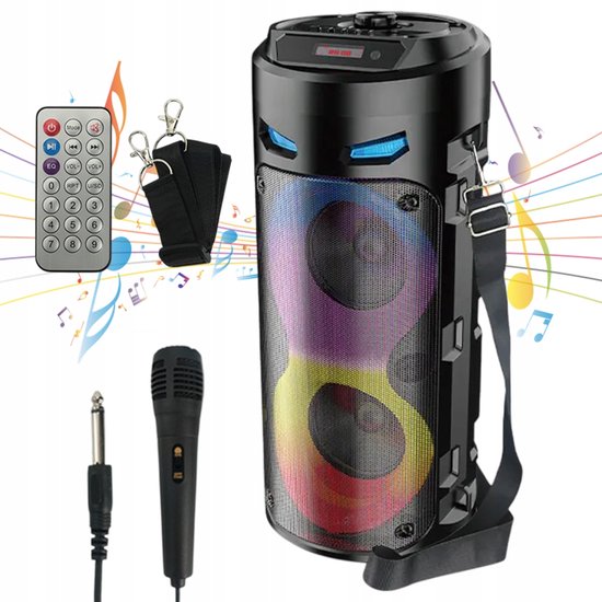 Draadloze Draagbare Karaoke Speaker 16W met Microfoon, Bluetooth 5.0, LED Licht, USB & AUX – Zwart