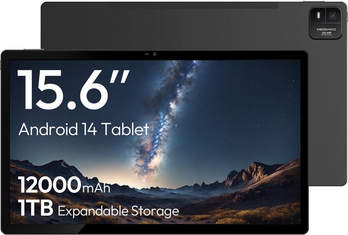 MESWAO B3 Tablet - 15,6 inch 1920*1080 IPS-scherm - WiFi 5 Bluetooth 5.0 - 32 MP + 5 MP Camera - 6GB RAM + 128GB ROM - Android 14 - 12000 mAh Batterij - Helio G99 Octa-Core - Grijs