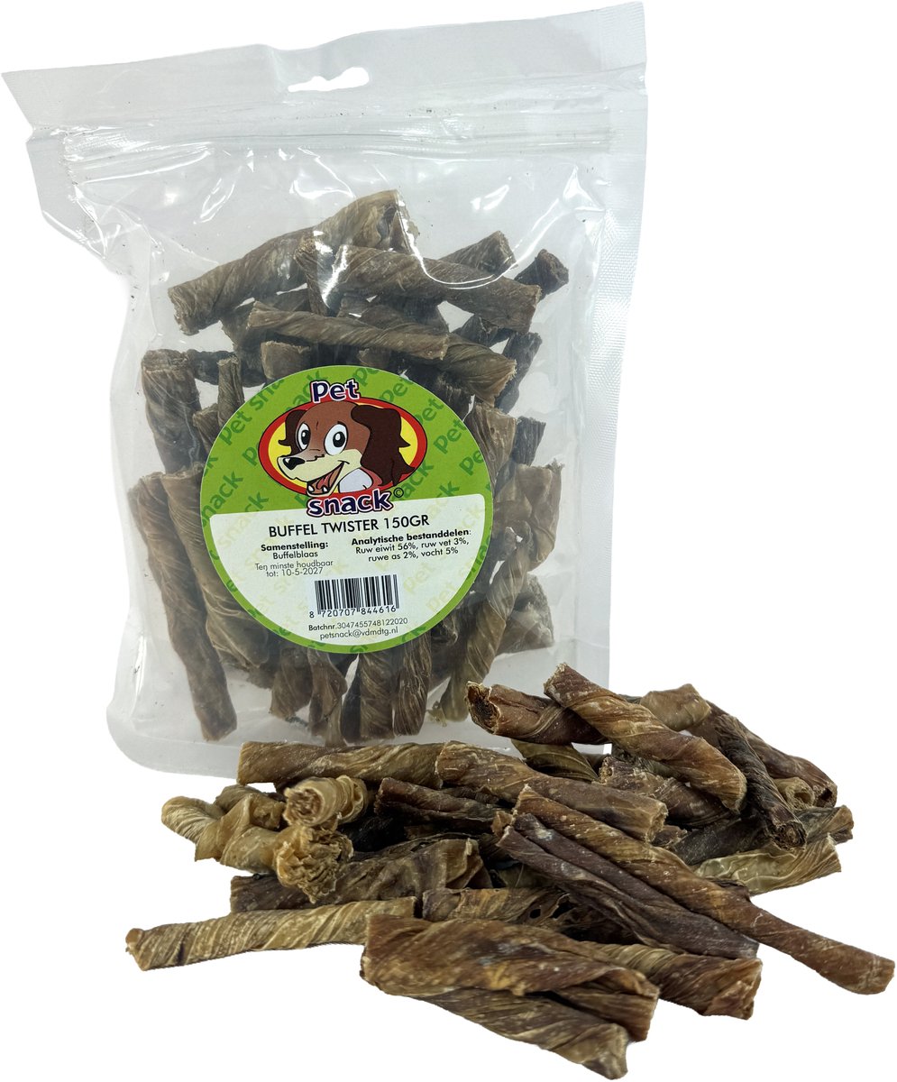Petsnack Kauwsnack - Buffel Twist 150gr - Natuurlijke hondentraktatie, stevige structuur, geschikt voor alle rassen