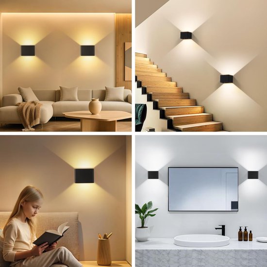 Zwarte vierkante wandlampen met naar boven en beneden gericht licht in een woonkamer, trap, slaapkamer en badkamer.