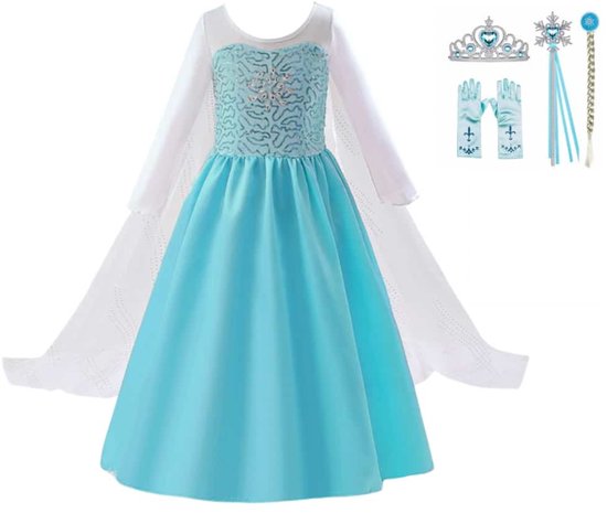 Elsa prinsessenjurk met lange mouwen en cape, accessoires: kroon, handschoenen, toverstaf en Elsa vlecht.
