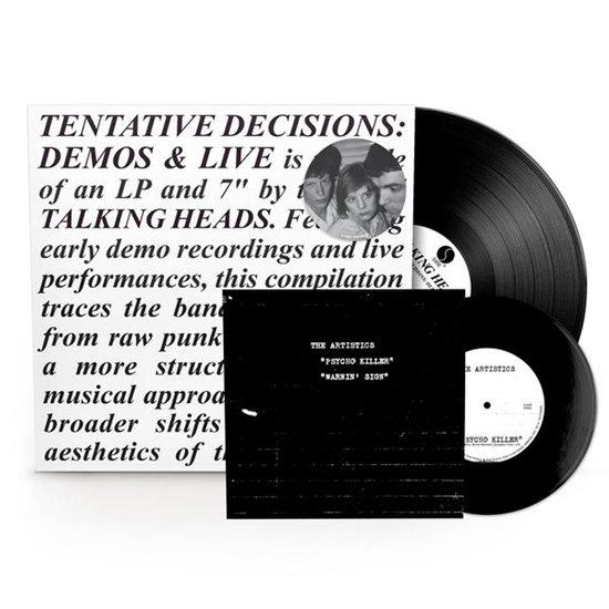 Twee zwarte vinylplaten van Talking Heads. De hoes toont de tekst "TENTATIVE DECISIONS: DEMOS & LIVE" en een foto van de band.