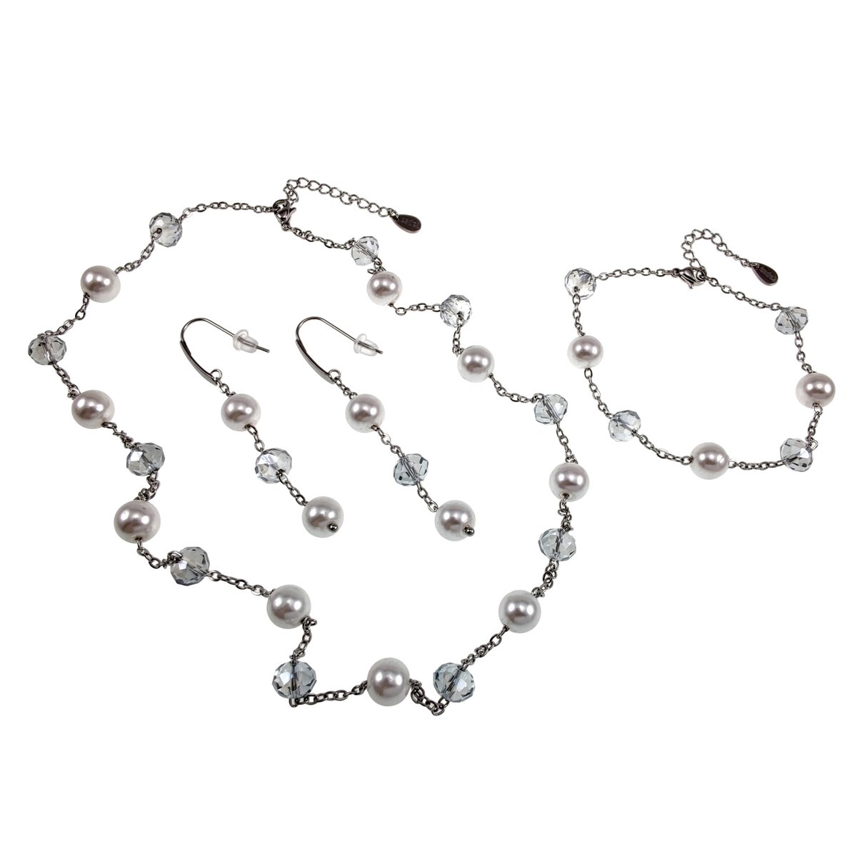 Ketting, Armband & Oorbellen van RVS met Witte Kristalparels en Oostenrijkse Kristallen, Handgemaakte Sieradenset Dames door esde2