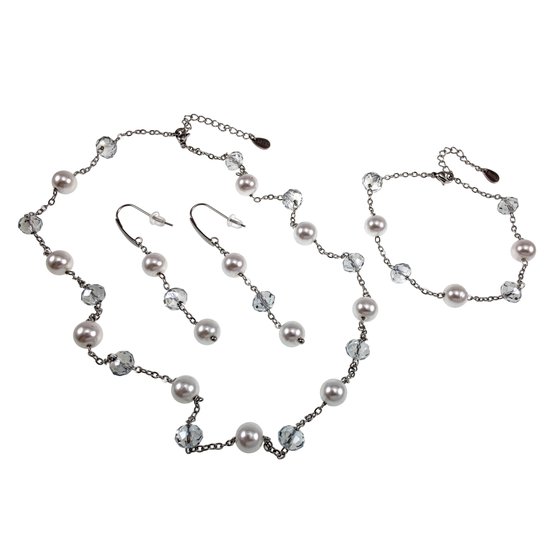 Ketting, Armband & Oorbellen van RVS met Witte Kristalparels en Oostenrijkse Kristallen, Handgemaakte Sieradenset Dames door esde2